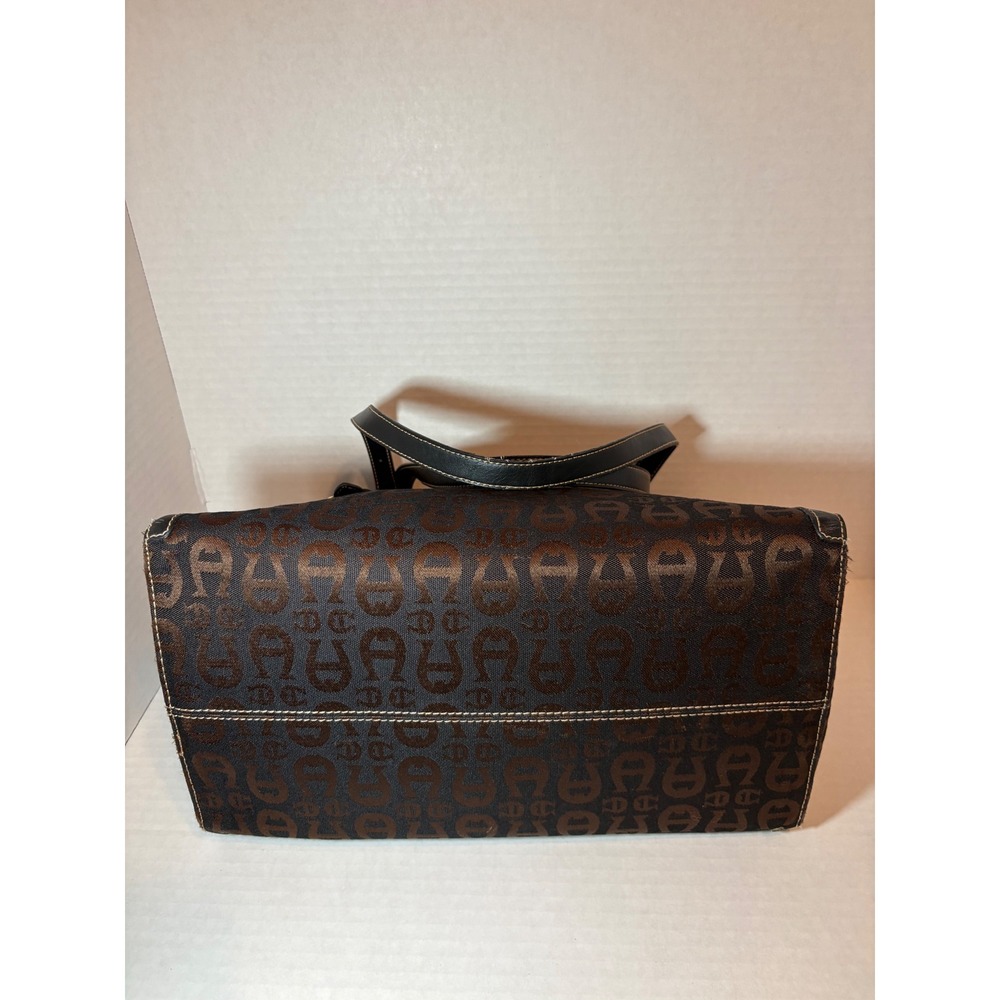 Etienne Aigner Signature Jacquard Logo Tote Bag Brown Black Leather Trim - Picture 4 of 8